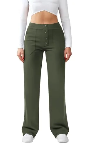 JEKAOYI Button-Front Straight Leg Dress Pant in Olive-Green