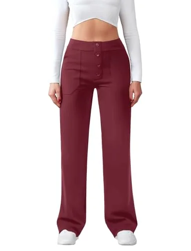 JEKAOYI Button-Front Straight Leg Dress Pant in Wine Red