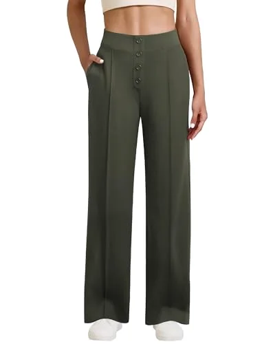 JEKAOYI Button Front Wide Leg Dress Pant in Army Green