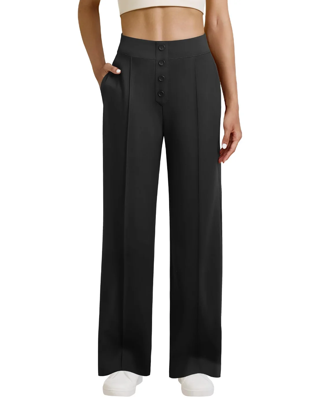 JEKAOYI Button Front Wide Leg Dress Pant in Black