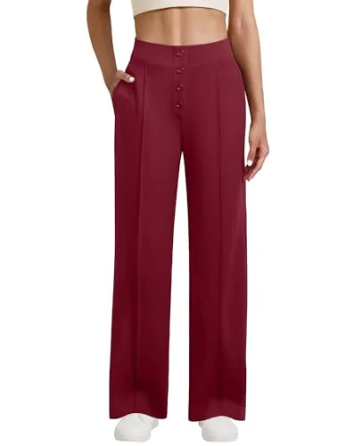 JEKAOYI Button Front Wide Leg Dress Pant in Burgundy