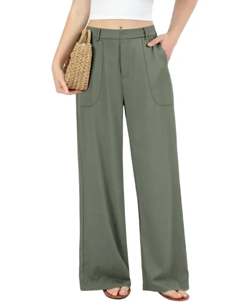 JEKAOYI Cotton-Linen Pull-On Wide Leg Pant in Dusty Green