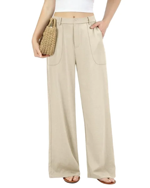 JEKAOYI Cotton-Linen Pull-On Wide Leg Pant in Khaki