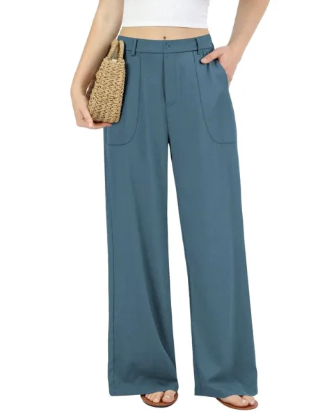 JEKAOYI Cotton-Linen Pull-On Wide Leg Pant in Lake Blue