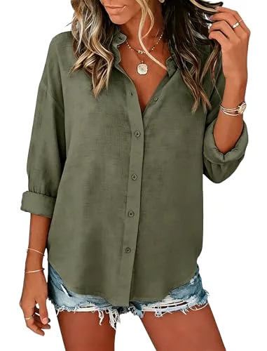 JEKAOYI Cotton Long Sleeve Button-Down Shirt in Army Green