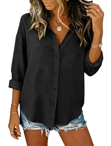 JEKAOYI Cotton Long Sleeve Button-Down Shirt in Black