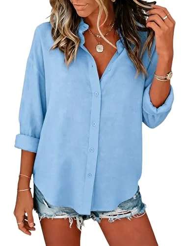 JEKAOYI Cotton Long Sleeve Button-Down Shirt in Blue