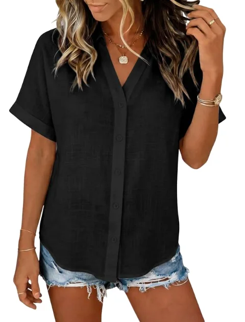 JEKAOYI Cotton Short Sleeve Blouse in Black