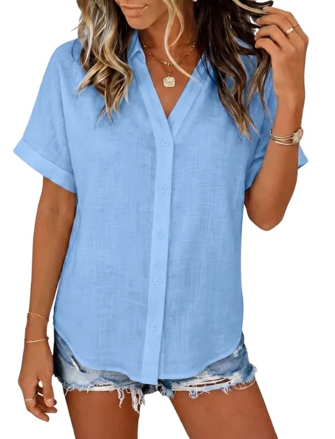 JEKAOYI Cotton Short Sleeve Blouse in Blue