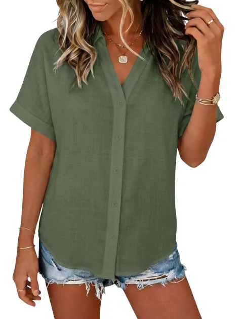 JEKAOYI Cotton Short Sleeve Blouse in Green