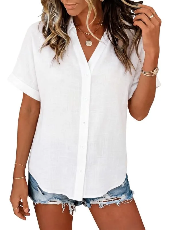 JEKAOYI Cotton Short Sleeve Blouse in White