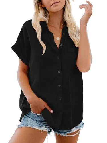 JEKAOYI Cotton Short Sleeve Button-Down Shirt in Black