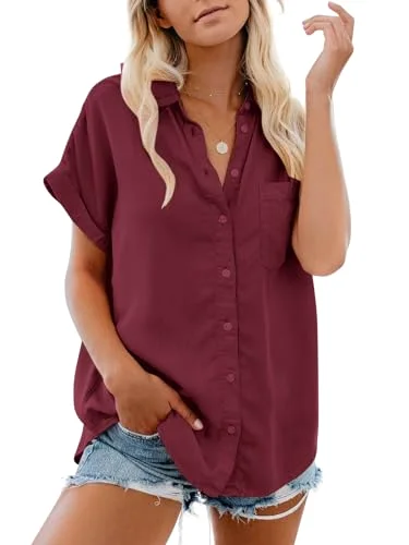 JEKAOYI Cotton Short Sleeve Button-Down Shirt in Red Wine