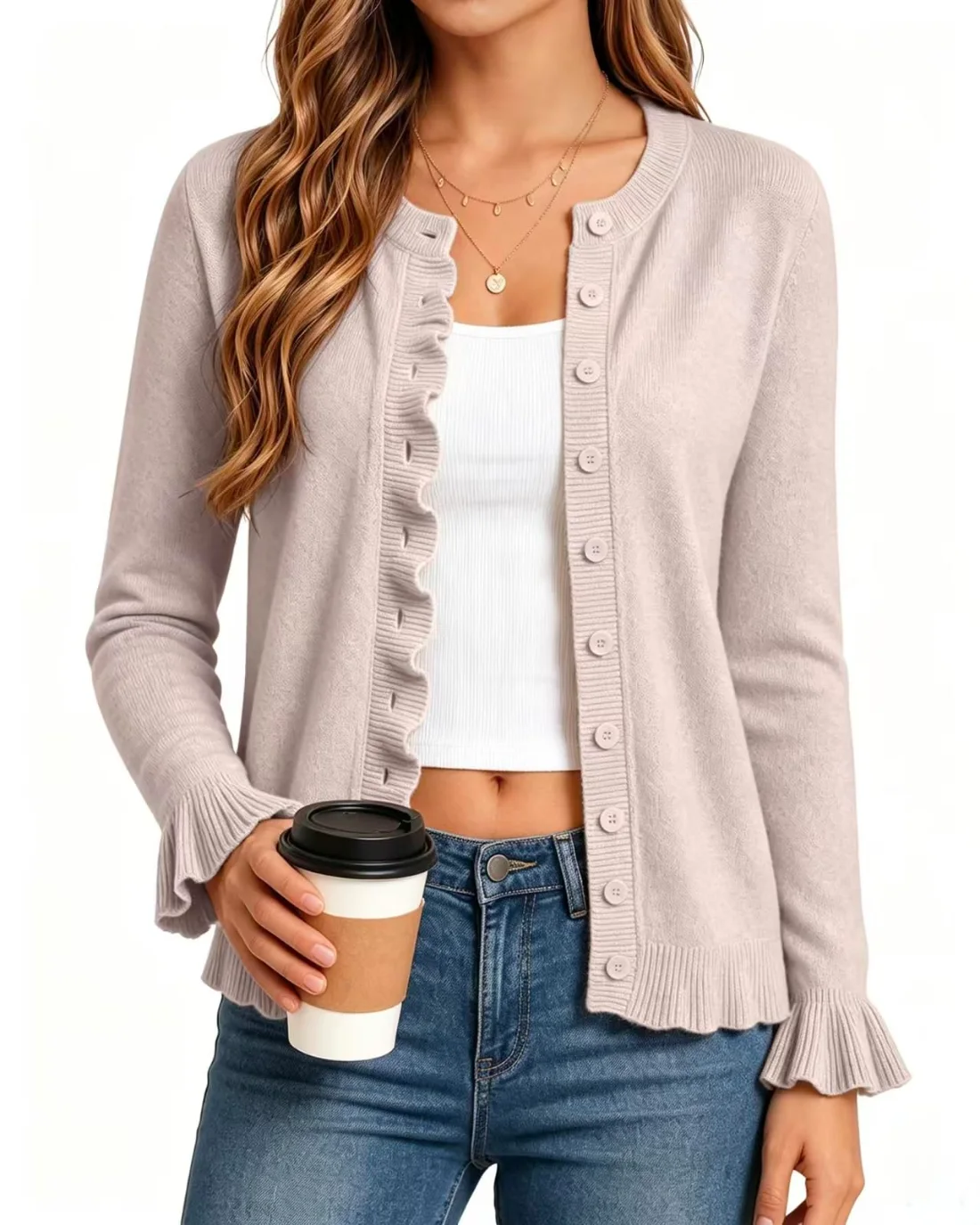 JEKAOYI Crew Neck Cardigan in Beige