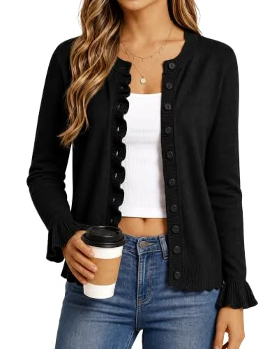 JEKAOYI Crew Neck Cardigan in Black