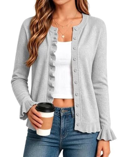JEKAOYI Crew Neck Cardigan in Grey