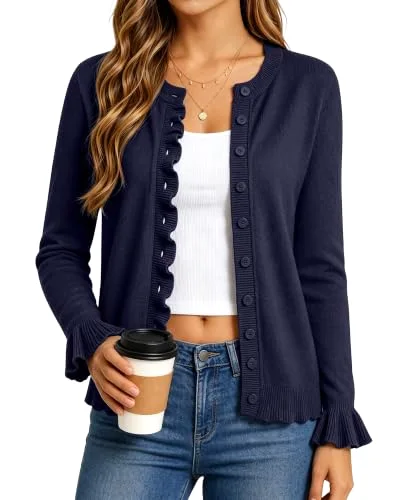 JEKAOYI Crew Neck Cardigan in Navy