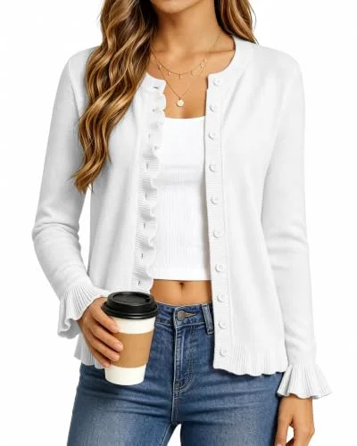JEKAOYI Crew Neck Cardigan in White