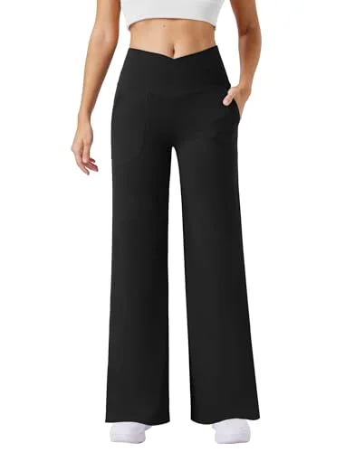 JEKAOYI Crossover Waist Wide Leg Dress Pant in Black