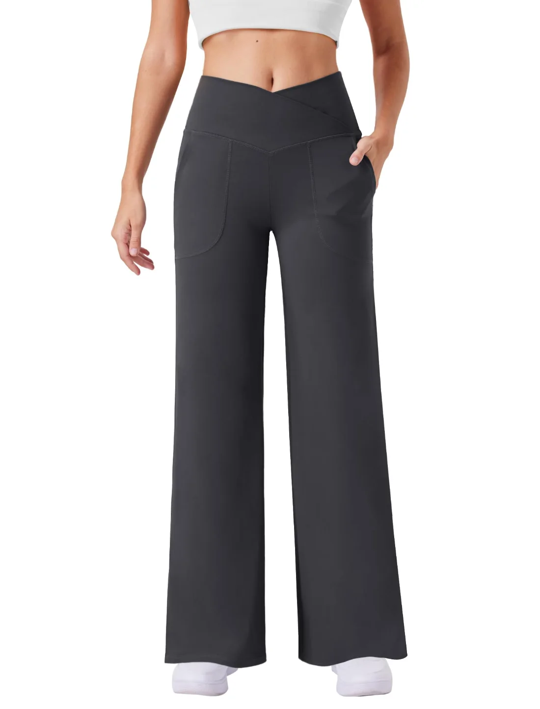 JEKAOYI Crossover Waist Wide Leg Dress Pant in Dark Grey