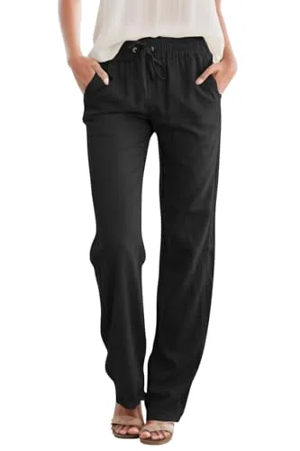 JEKAOYI Linen-Blend Drawstring Straight Leg Pant in Black