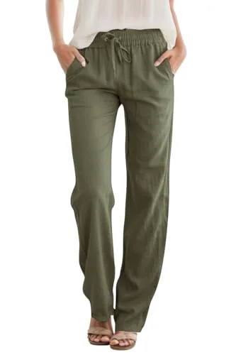 JEKAOYI Linen-Blend Drawstring Straight Leg Pant in Grey Green