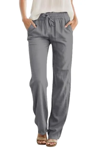 JEKAOYI Linen-Blend Drawstring Straight Leg Pant in Grey