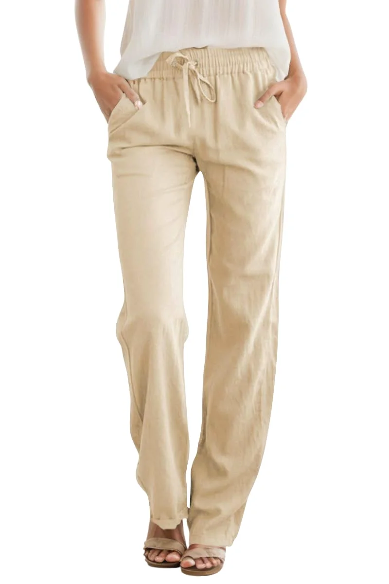 JEKAOYI Linen-Blend Drawstring Straight Leg Pant in Khaki