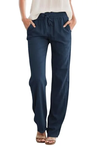 JEKAOYI Linen-Blend Drawstring Straight Leg Pant in Navy
