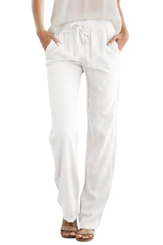 JEKAOYI Linen-Blend Drawstring Straight Leg Pant in White