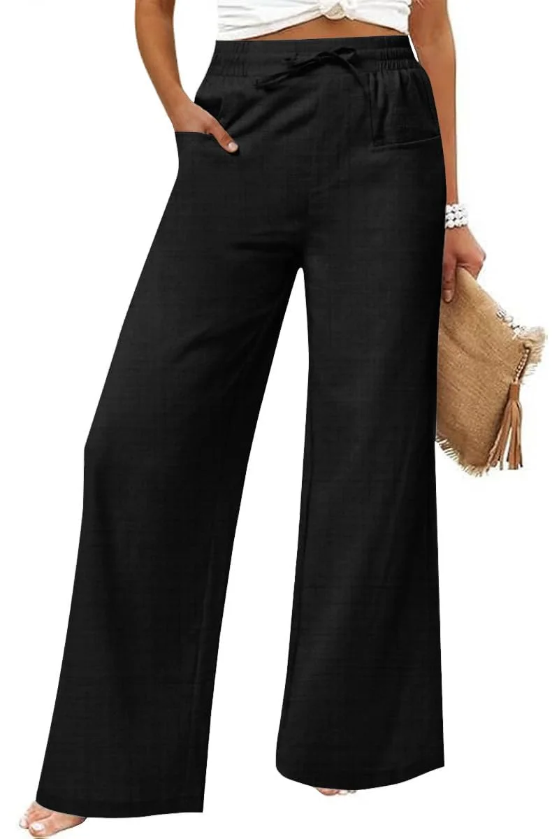 JEKAOYI Linen-Blend Drawstring Wide Leg Pant in Black