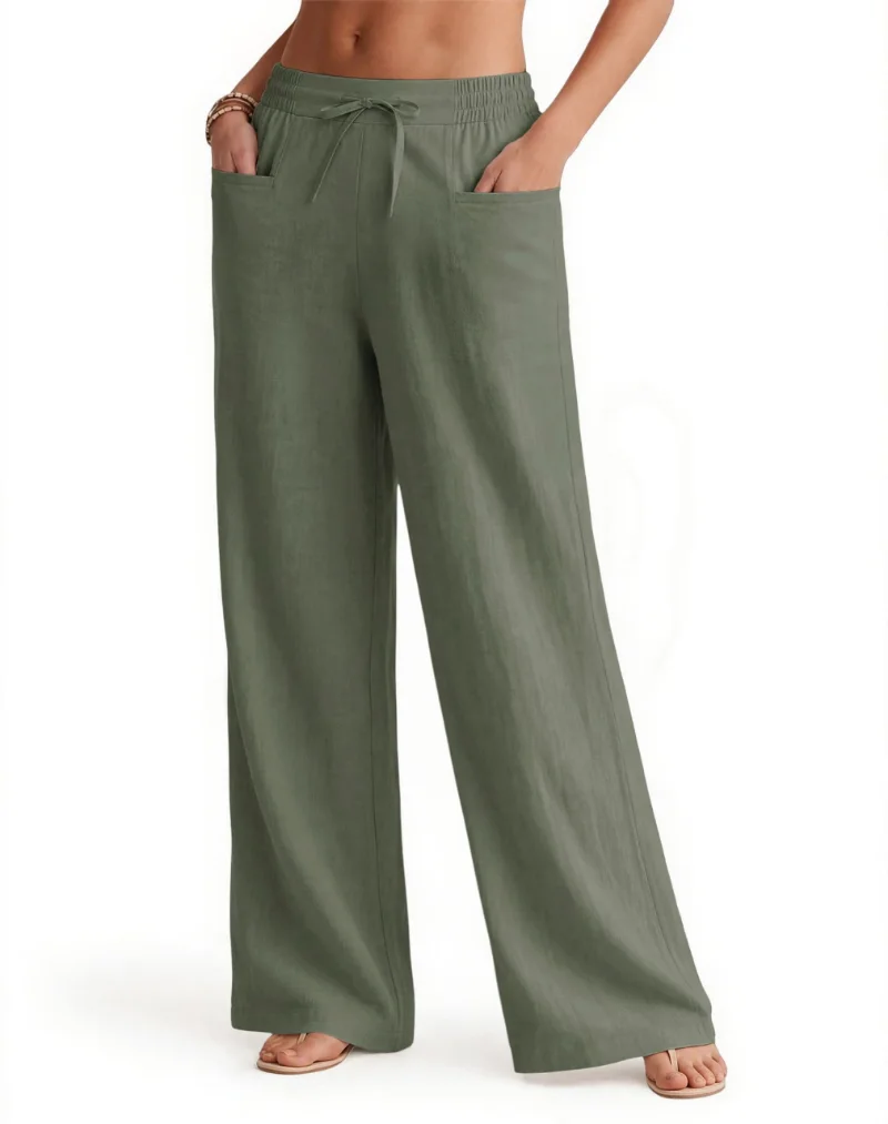 JEKAOYI Linen-Blend Drawstring Wide Leg Pant in Green