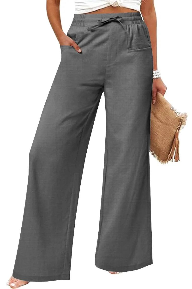 JEKAOYI Linen-Blend Drawstring Wide Leg Pant in Grey