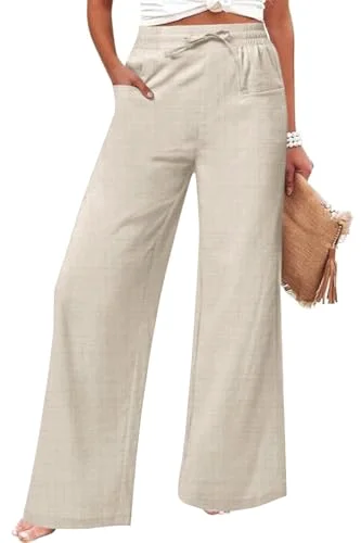 JEKAOYI Linen-Blend Drawstring Wide Leg Pant in Khaki