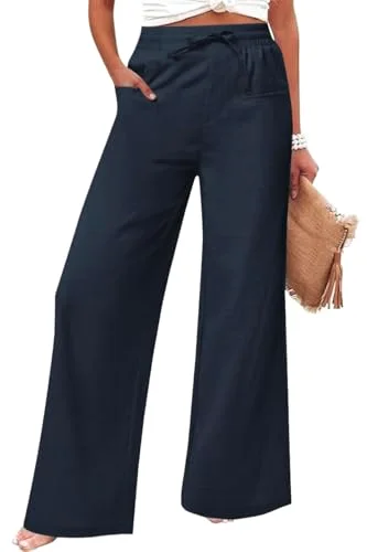 JEKAOYI Linen-Blend Drawstring Wide Leg Pant in Navy