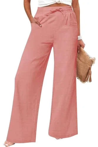 JEKAOYI Linen-Blend Drawstring Wide Leg Pant in Pink
