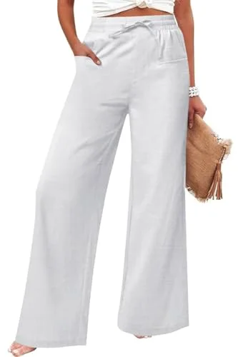JEKAOYI Linen-Blend Drawstring Wide Leg Pant in White