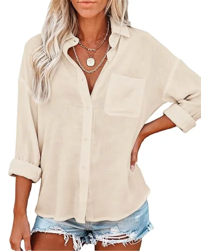 JEKAOYI Linen-Feel Long Sleeve Shirt in Apricot