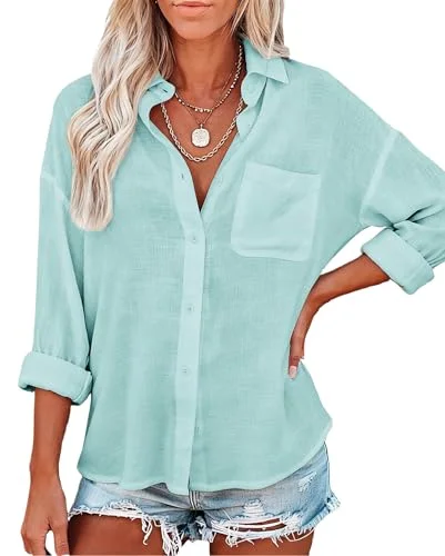 JEKAOYI Linen-Feel Long Sleeve Shirt in Aqua Blue