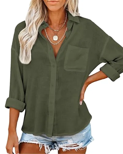 JEKAOYI Linen-Feel Long Sleeve Shirt in Army Green