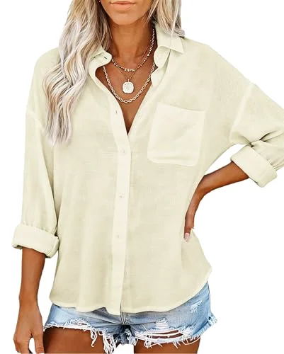 JEKAOYI Linen-Feel Long Sleeve Shirt in Beige