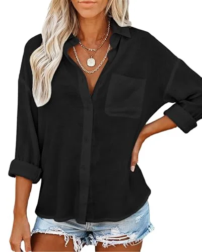 JEKAOYI Linen-Feel Long Sleeve Shirt in Black