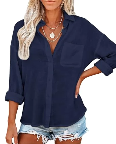 JEKAOYI Linen-Feel Long Sleeve Shirt in Navy Blue