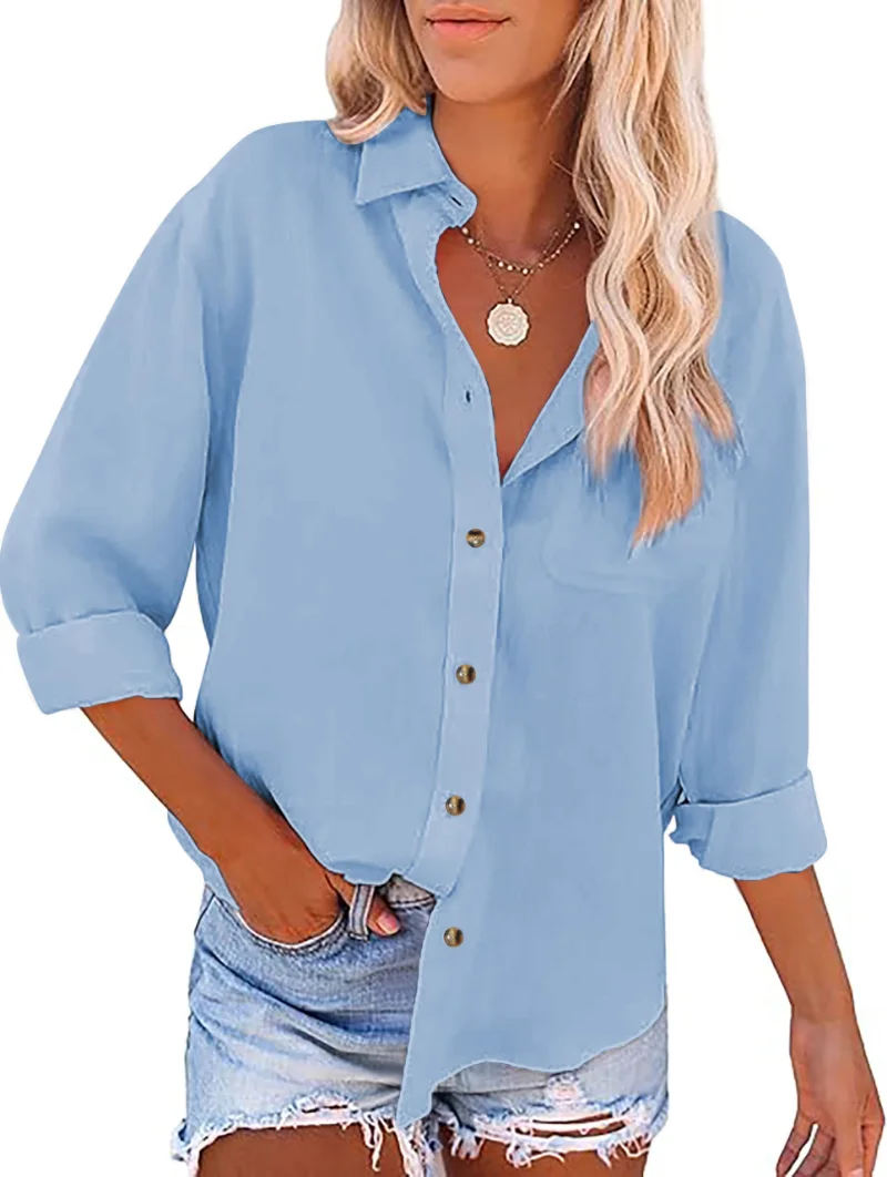 JEKAOYI Linen-Feel Long Sleeve Shirt in Sky Blue