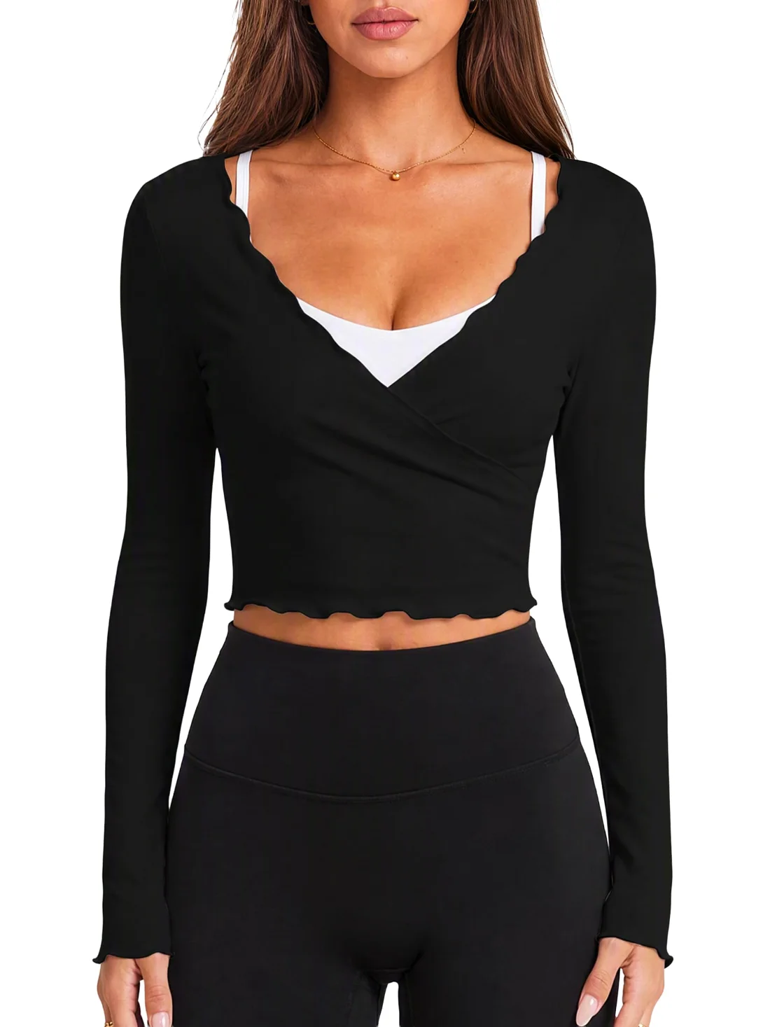 JEKAOYI Long Sleeve Wrap Top in Black