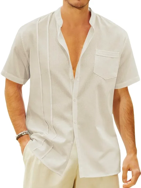 JEKAOYI Men's Band Collar Short Sleeve Shirt in Beige