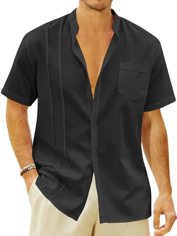 JEKAOYI Men's Band Collar Short Sleeve Shirt in Black