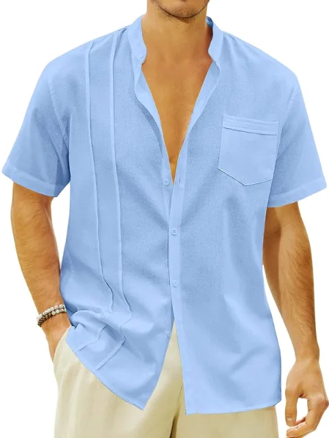 JEKAOYI Men's Band Collar Short Sleeve Shirt in Blue