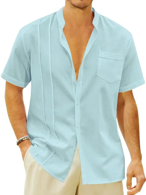 JEKAOYI Men's Band Collar Short Sleeve Shirt in Mint Blue