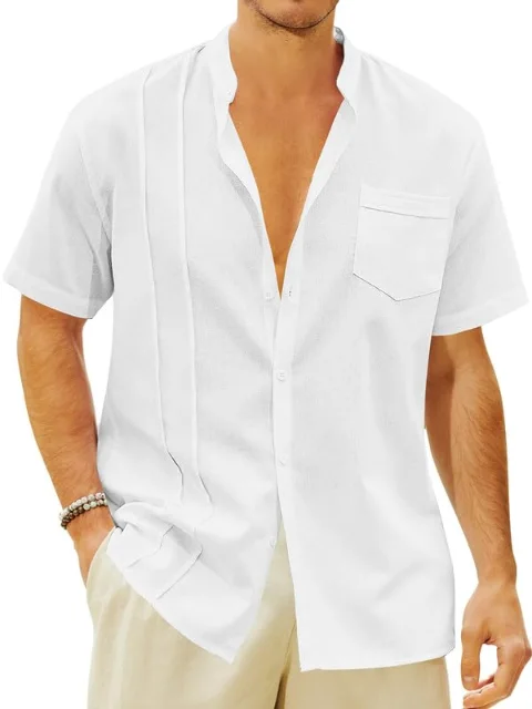 JEKAOYI Men's Band Collar Short Sleeve Shirt in White